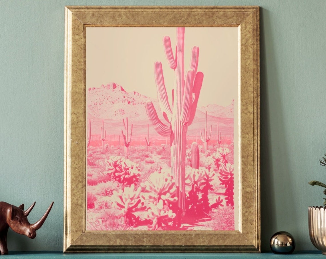 Pink Desert Saguaro Cactus Monochrome Minimalist Southwest Art Poster
