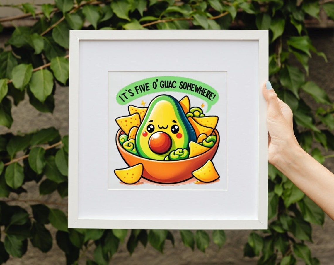 Its Five Oguac Somewhere Art Poster Cute Avocado Illustration Fun Kitchen Decor
