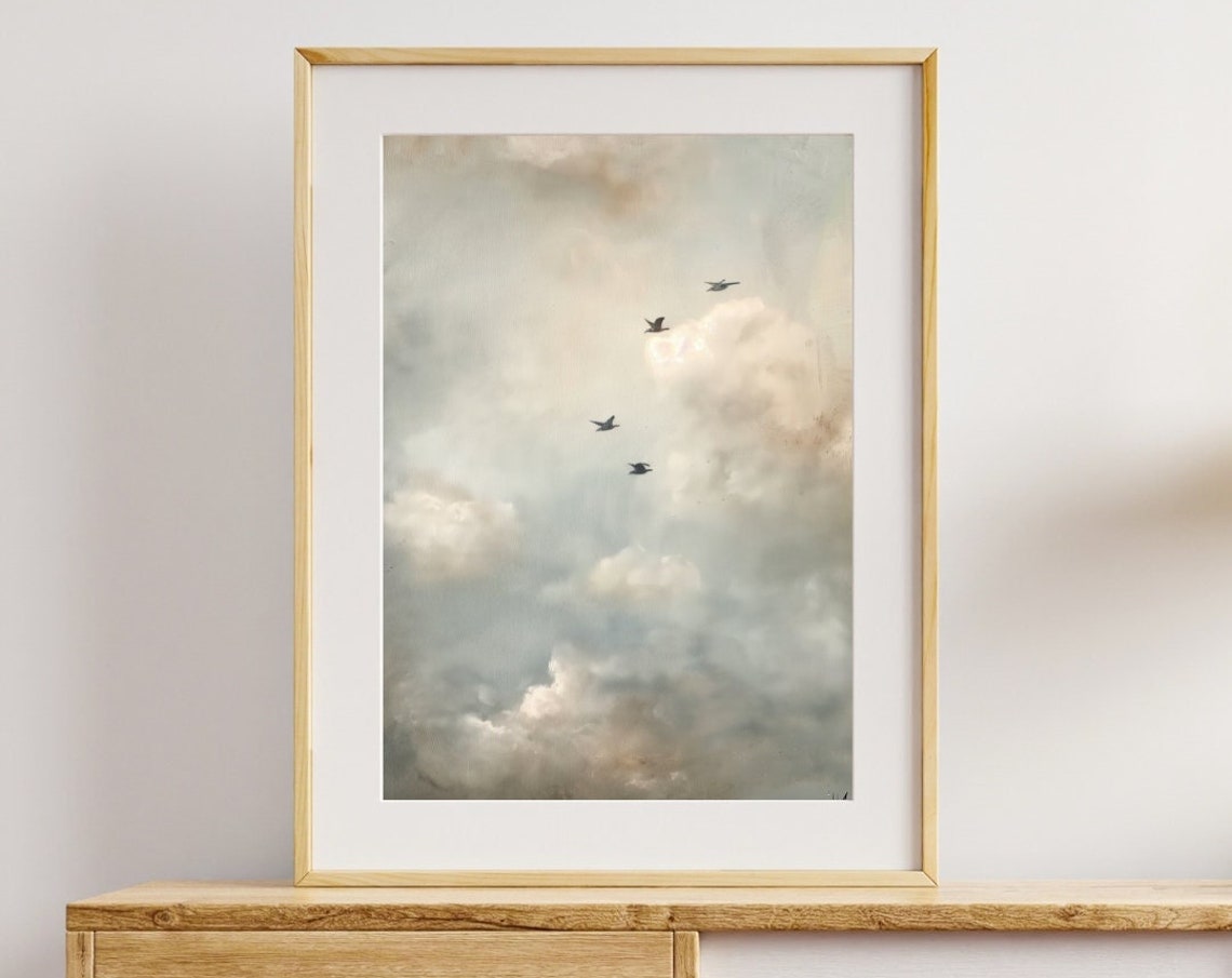 Birds Flying Across Soft Cloudy Grey Sky Minimalist Art Poster