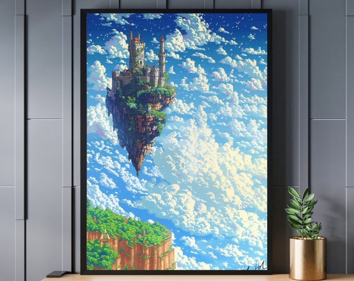 Sky Castle Above Clouds Pixel Fantasy Floating Island Dream Poster