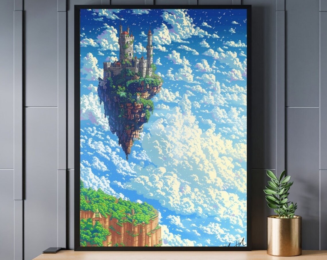 Floating Sky Castle Pixel Art Fantasy Cloud Kingdom Adventure Poster