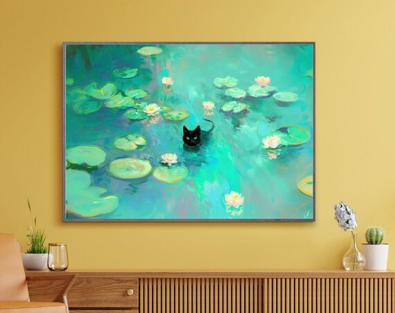 Black Cat Swimming In Water Lily Pond Impressionist Style Art Poster