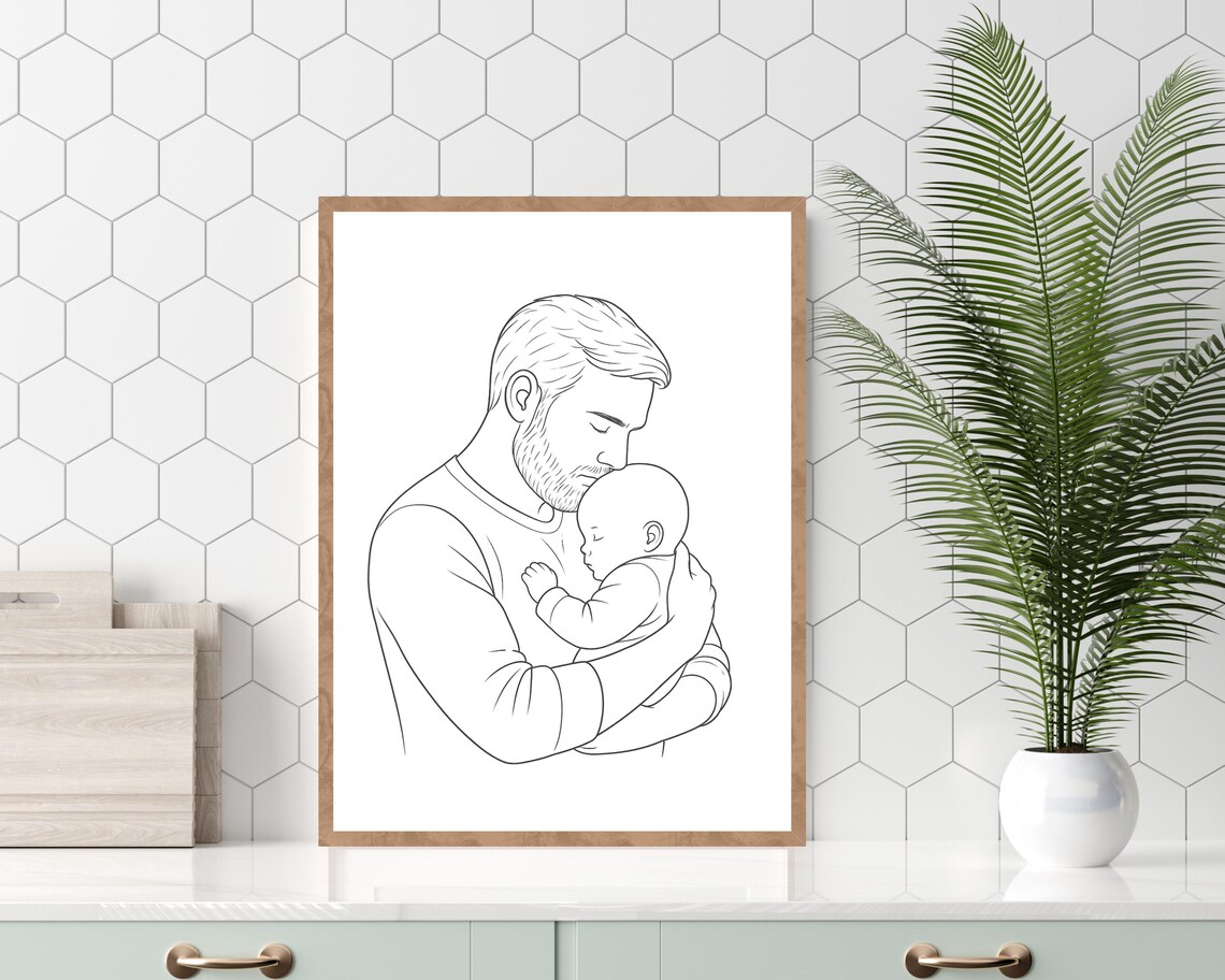 Father's Day Minimalist Line Art of Dad Holding Baby - Image 2