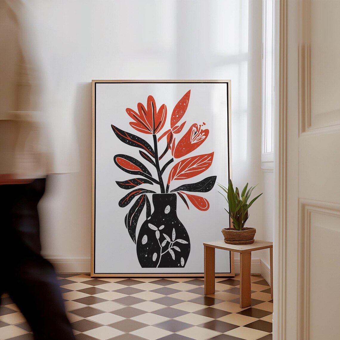 Bold Botanical Red Flower Black Vase Modern Illustration Wall Art