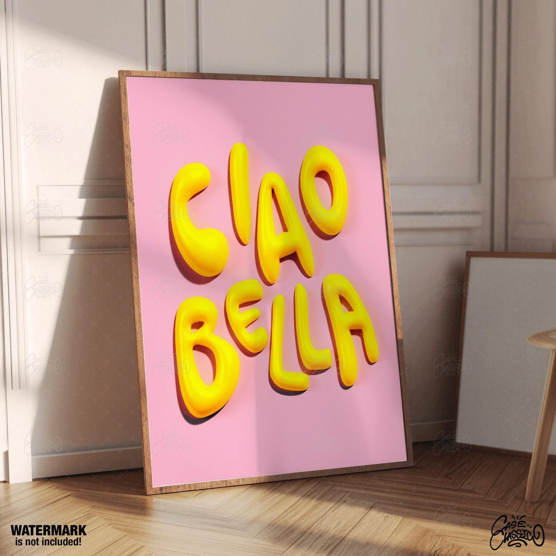 Ciao Bella Yellow 3D Bubble Letters Pink Trendy Quote Poster