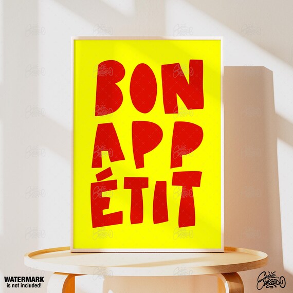 Bon App Etit Bold Red on Yellow Typography Kitchen Wall Poster