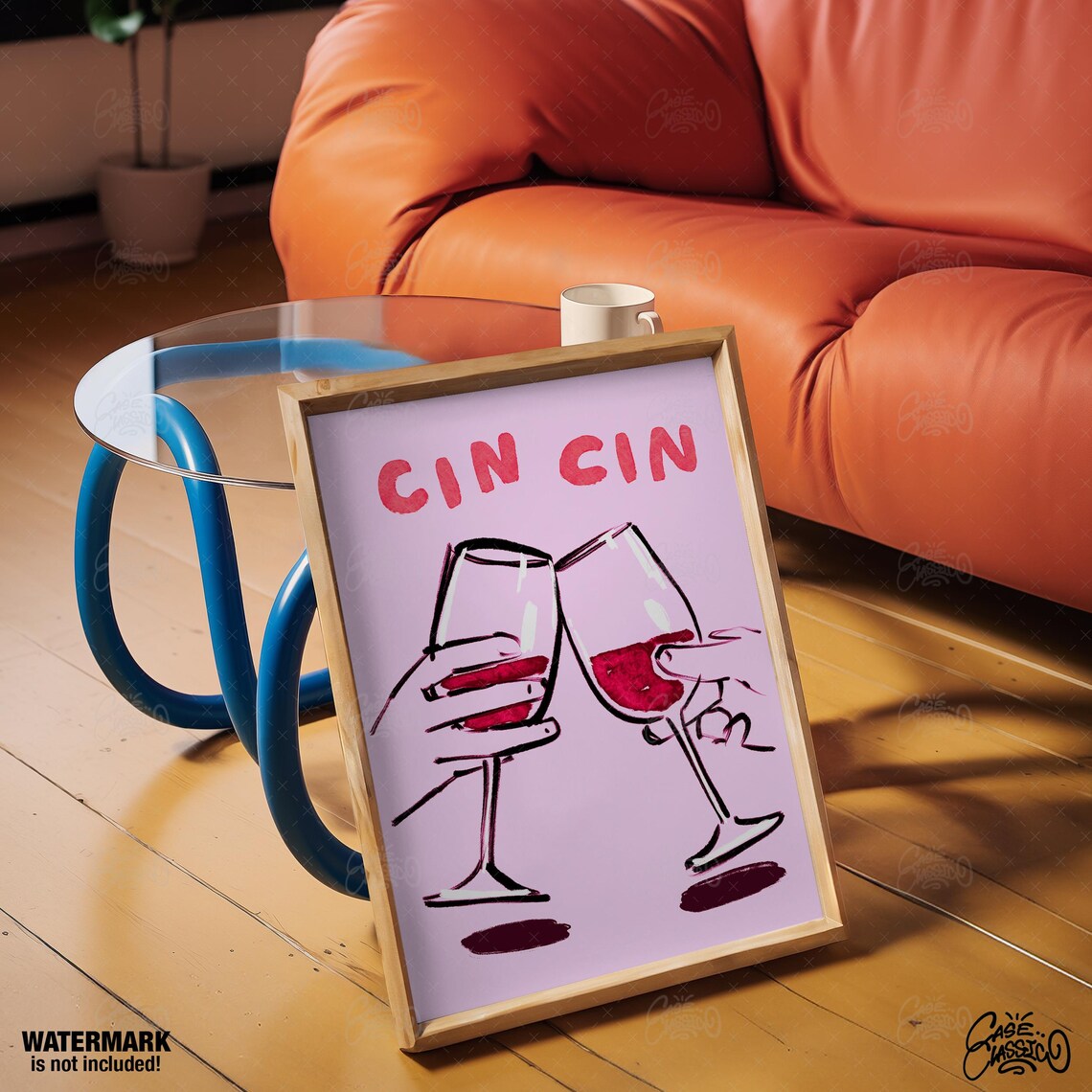 Cin Cin Wine Glasses Cheers Pink Hand Drawn Kitchen Bar Art Poster