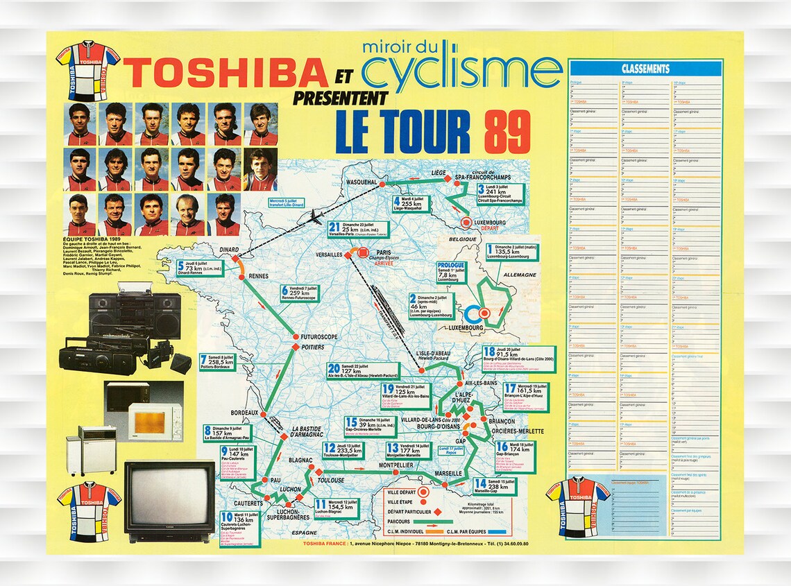 Tour de France 1989 Toshiba Miroir du Cyclisme Route Map Poster