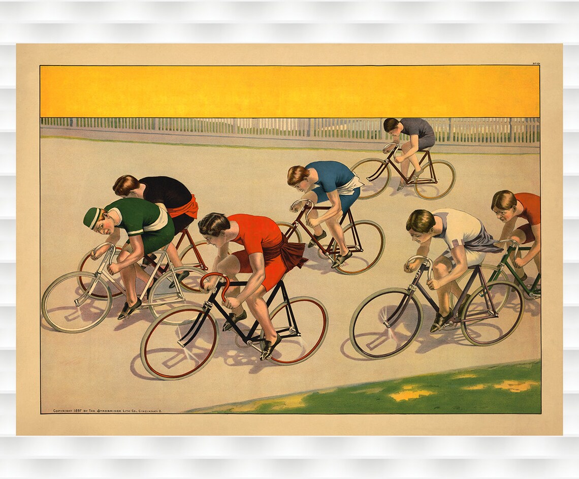 1897 Velodrome Bicycle Racers Final Sprint Strobridge Vintage Poster