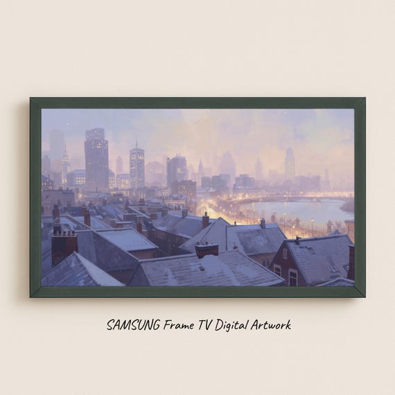 Samsung Frame Tv Art Pastel Winter Skyline Dreamy City At Dusk
