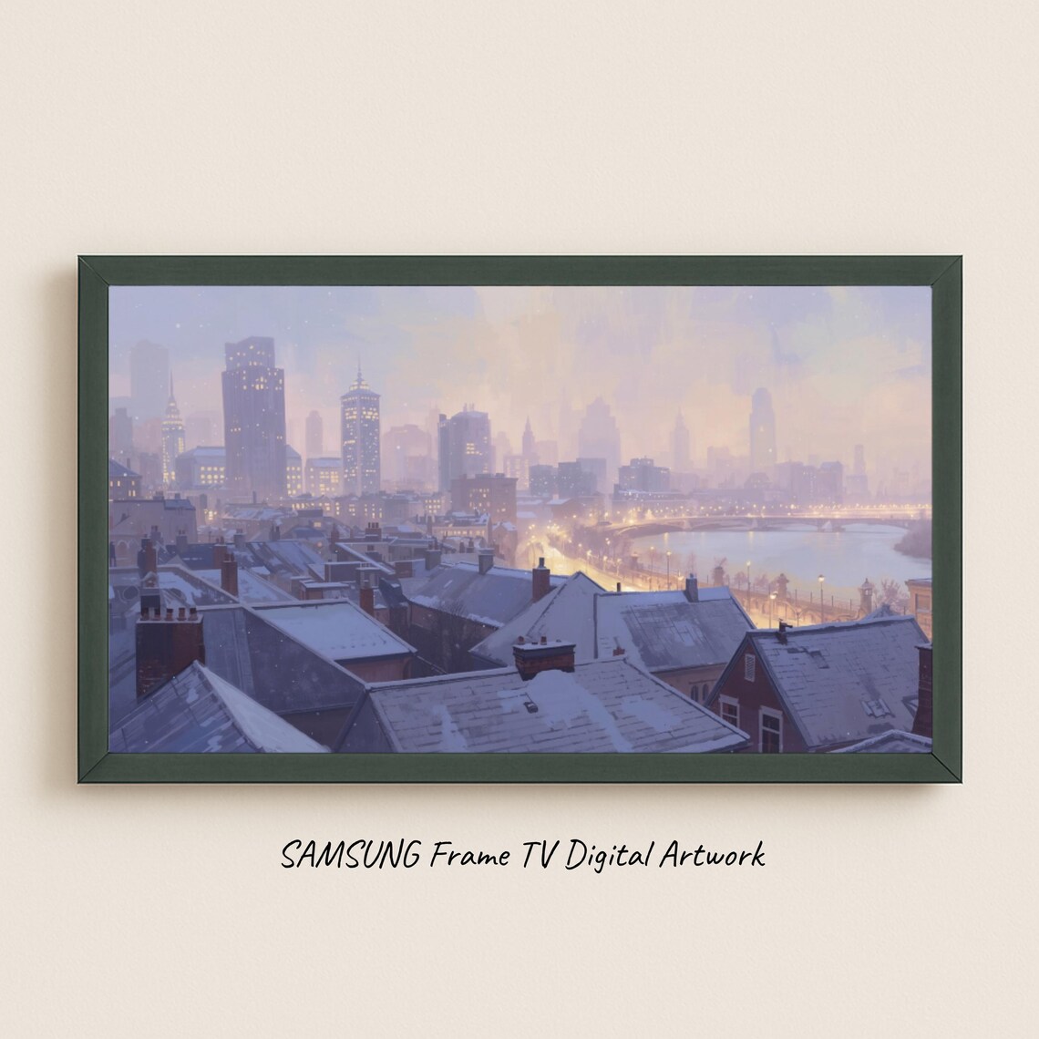 Winter City Skyline Snowy Rooftops Pastel Evening Art Poster