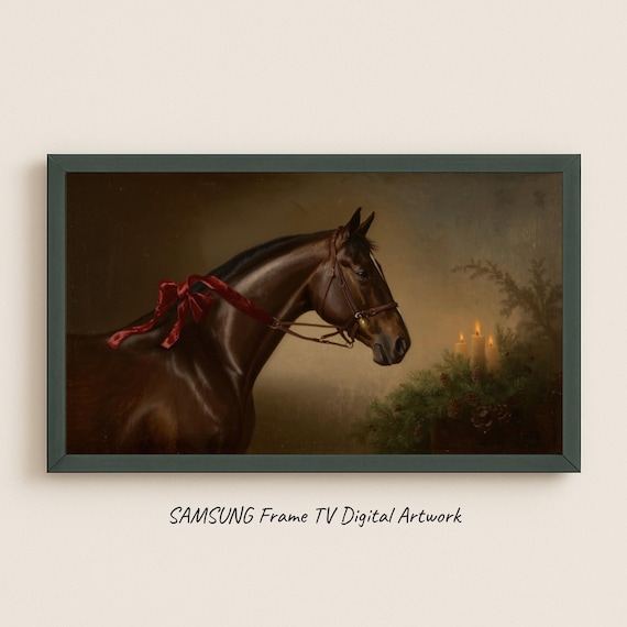 Bay Horse With Red Ribbon By Candlelight Christmas Stable Scene Poster