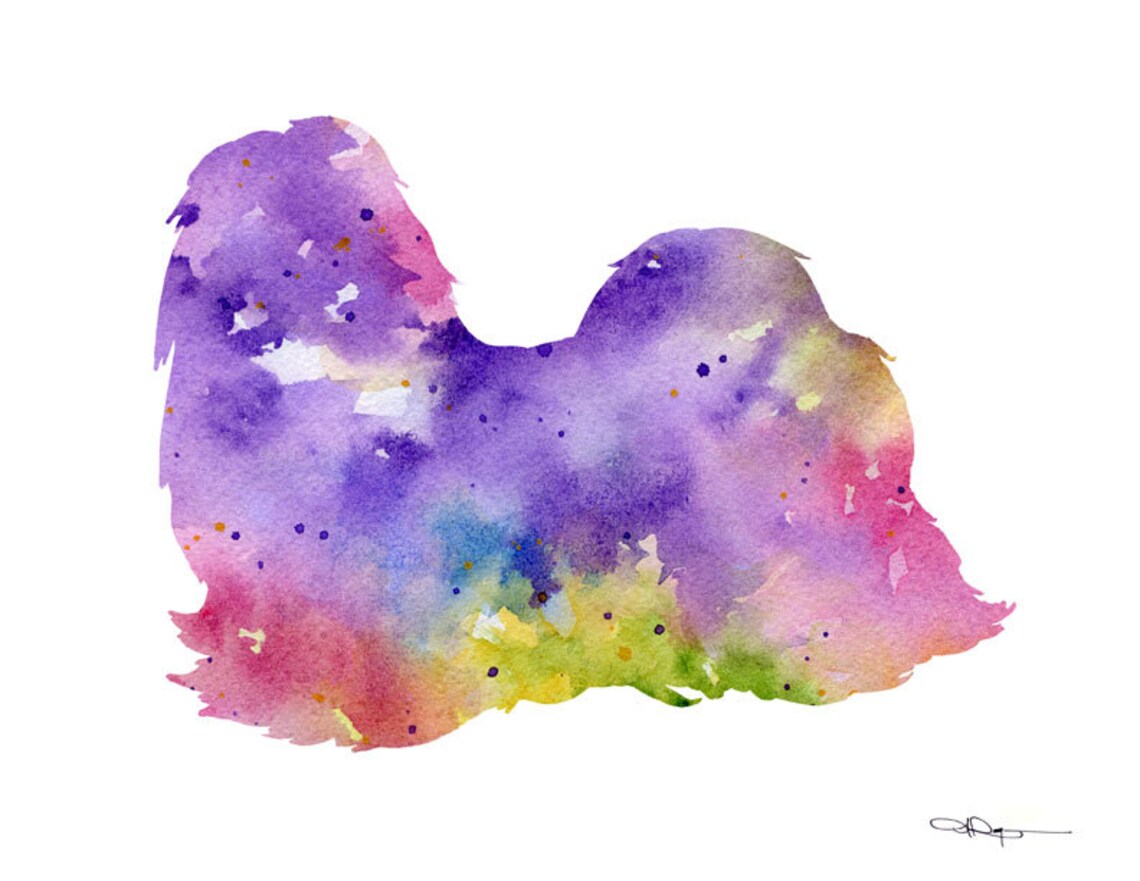 Purple Rainbow Watercolor Shih Tzu Fluffy Dog Lying Down Art Print - Image 2