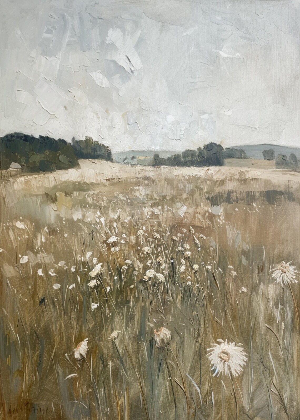Daisy Wildflower Field Under Pale Sky Vintage Cottagecore Field Poster - Image 3