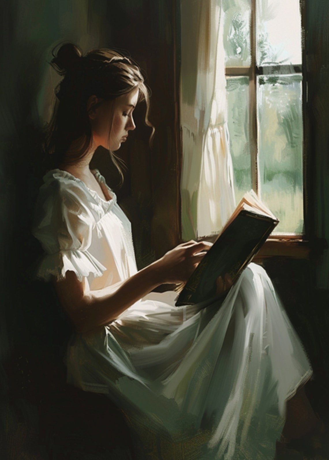 Woman Reading by Window Light in a Dark Interior Oil Art Poster - Image 2