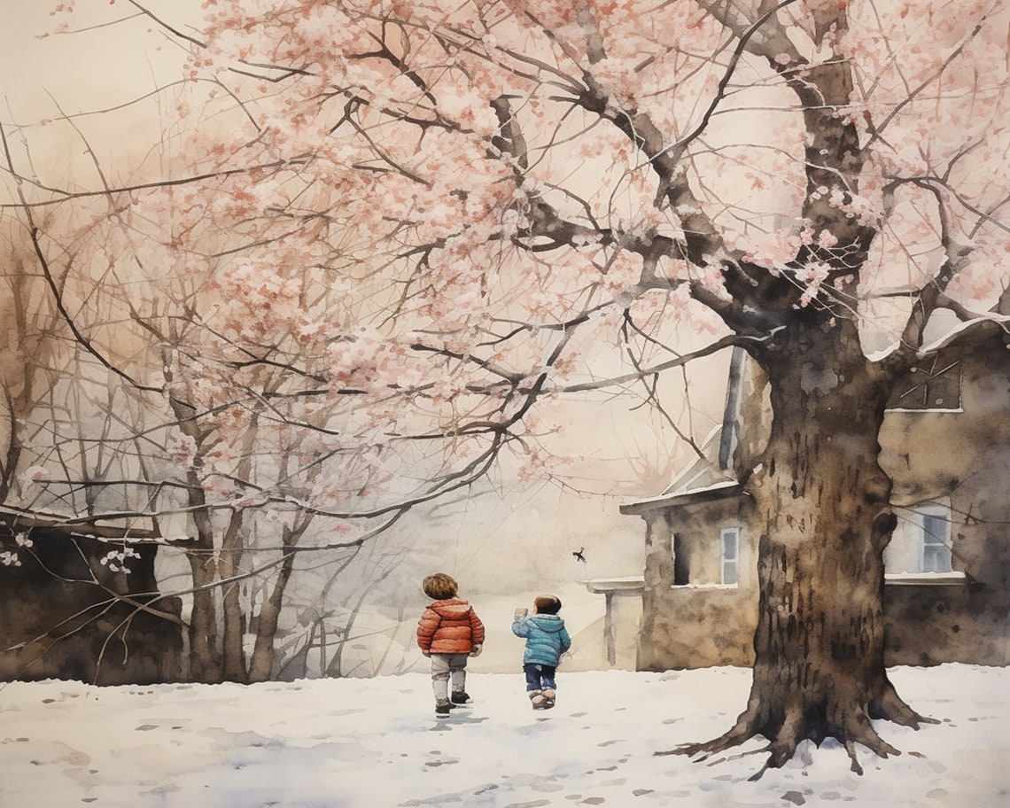 Children Walking in Snow Beneath Blossom Trees Watercolor Poster - Image 2