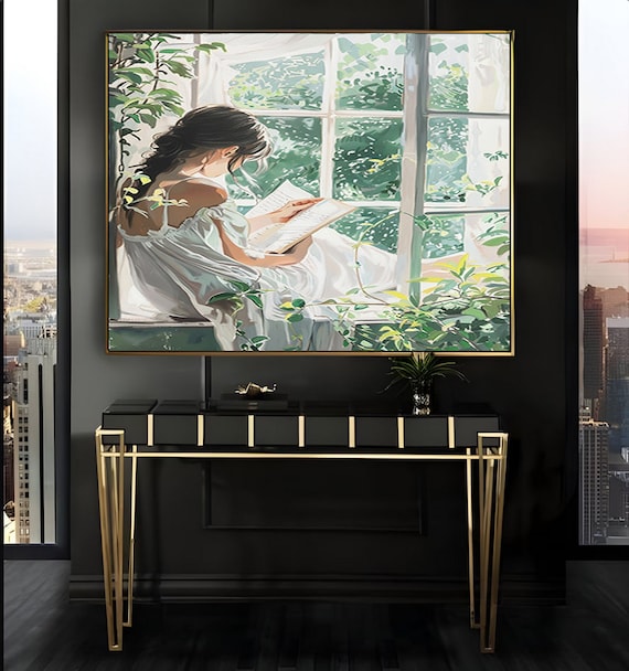 Woman Reading by a Window Surrounded by Greenery Vintage Art Poster