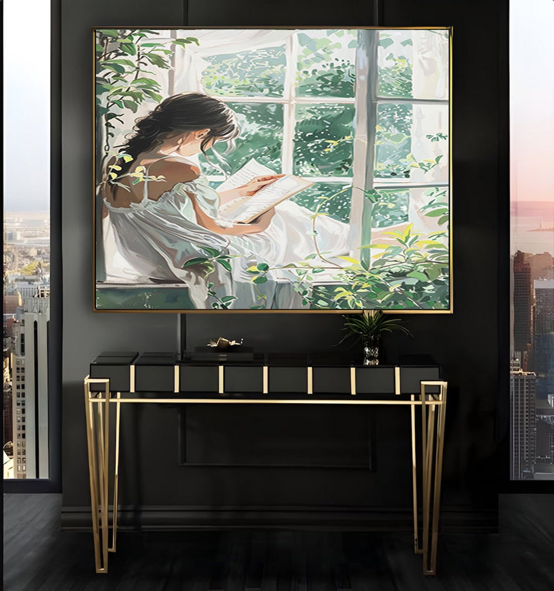 Woman Reading by a Window Surrounded by Greenery Vintage Art Poster