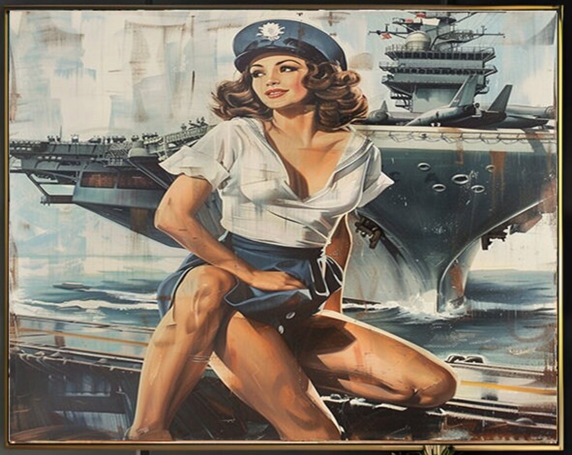 Pinup Girl in Sailor Cap Seated Before an Aircraft Carrier Poster - Image 2