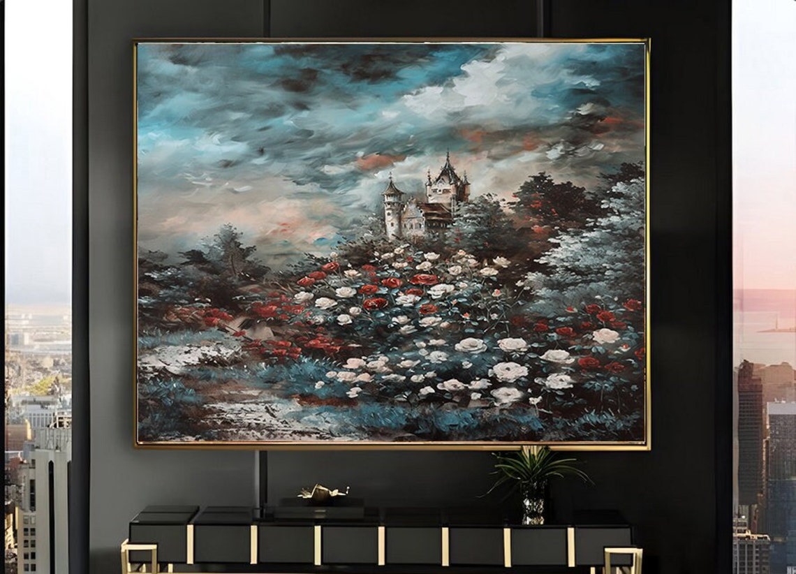 Hilltop Castle Above Sweeping Red White Rose Garden Storm Poster