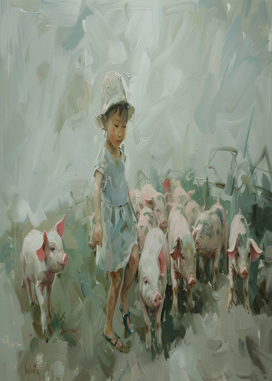 Little Girl with Piglets in a Cool Green Pasture Painting Poster - Image 3