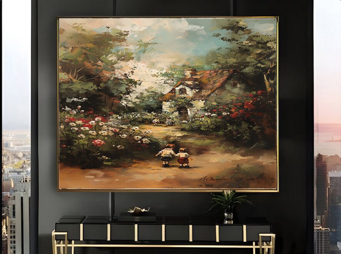 Two Children Playing in Cottage Garden Among Red White Roses Poster