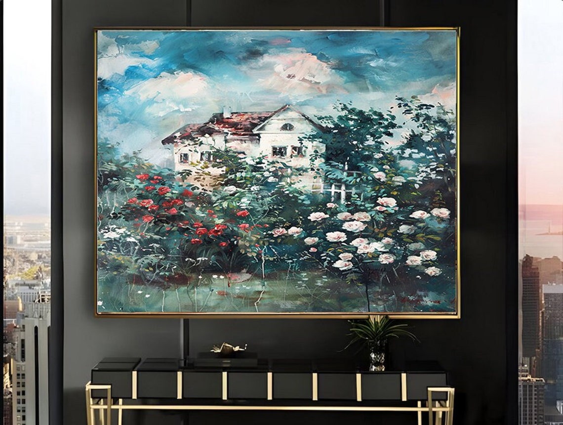 White Villa Red Tile Roof Surrounded by Red White Roses Poster
