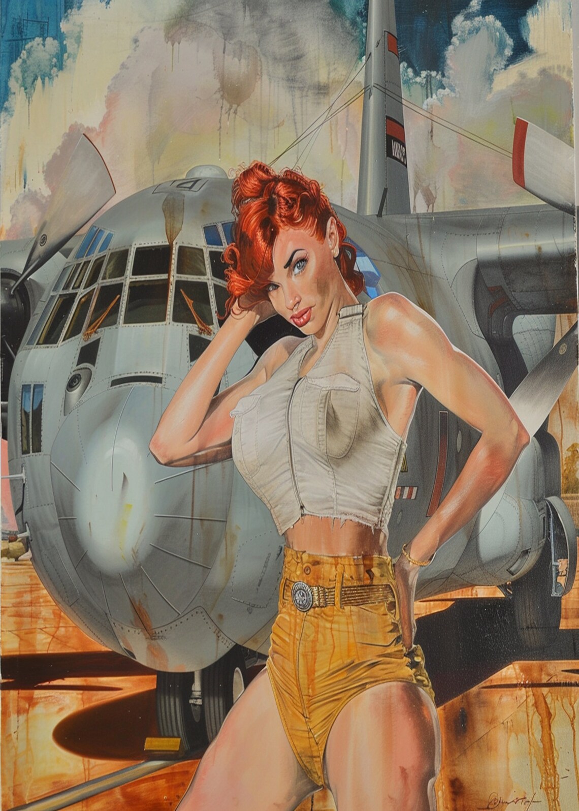 Redhead Pinup Girl Posed by a Military Airplane Vintage Poster - Image 3