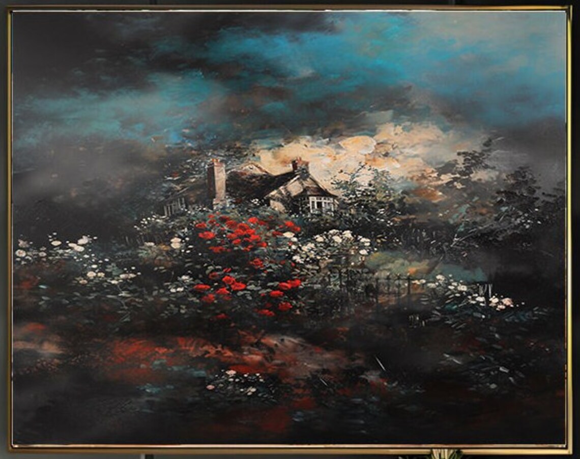 Moody Night Rose Garden Cottage Teal Sky Red White Roses Poster - Image 2