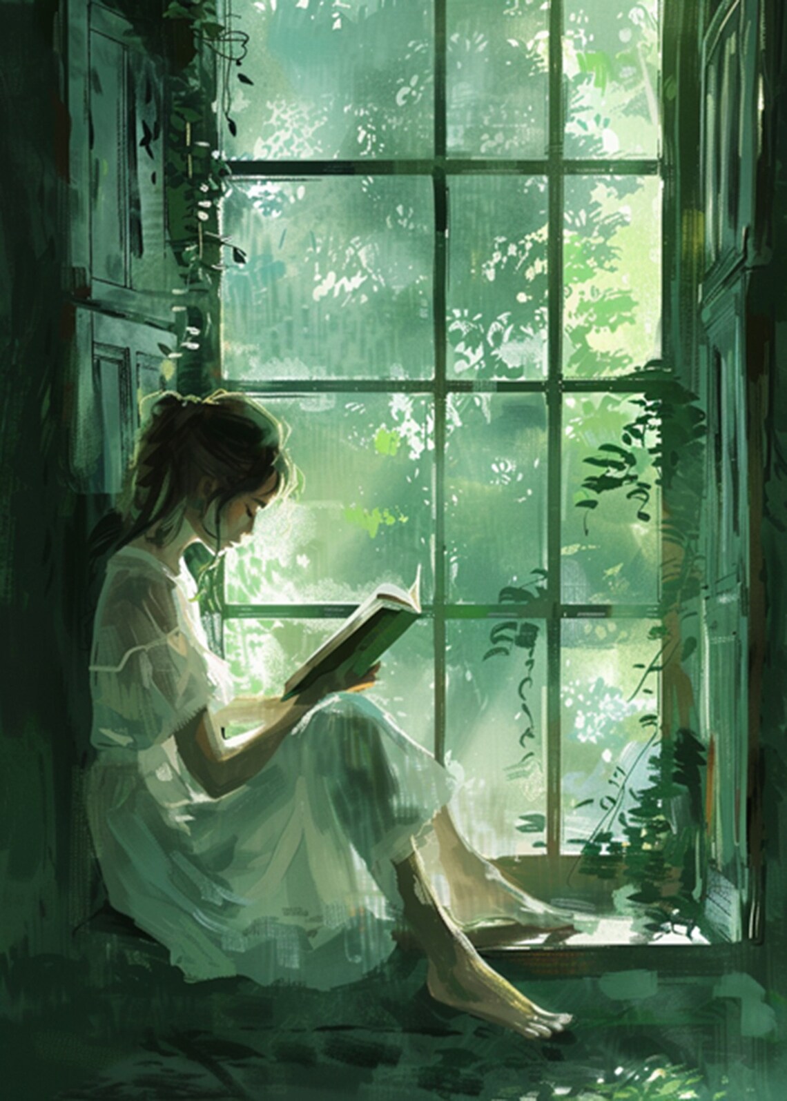 Barefoot Woman Reading by a Tall Green Window Vintage Oil Painting Poster - Image 2