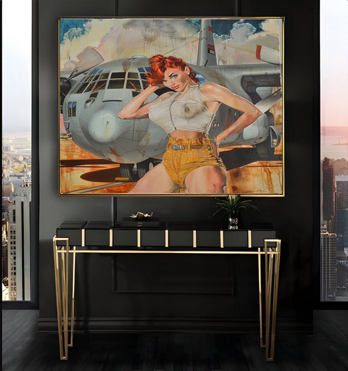 Redhead Pinup Girl Posed by a Military Airplane Vintage Poster - Image 2