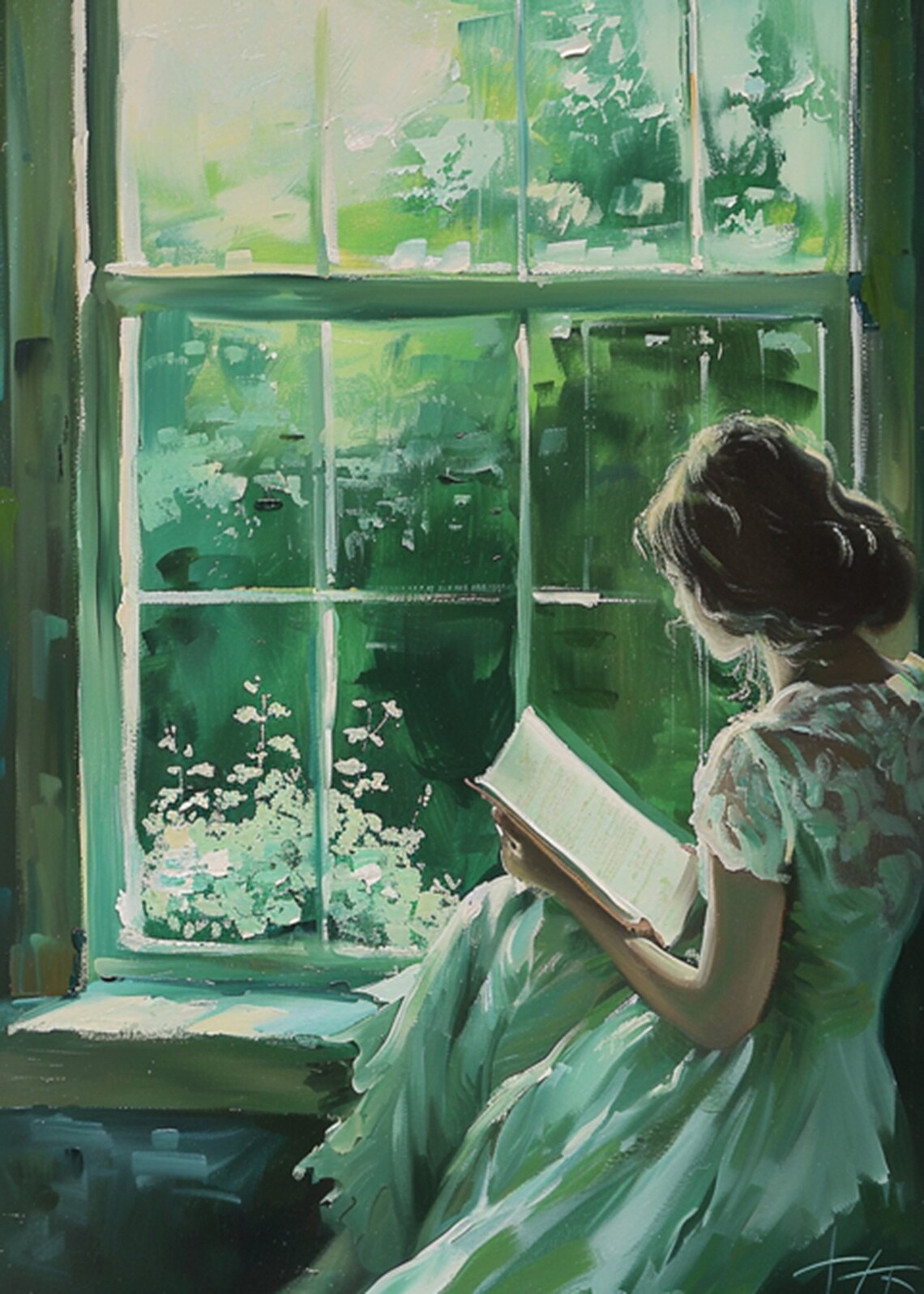 Woman Reading at an Emerald Green Window Vintage Oil Painting Poster - Image 2