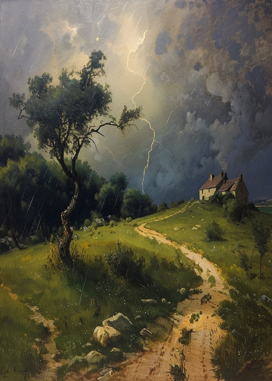 Farmhouse on Green Hill Under Thunderstorm Lightning Sky Poster - Image 3