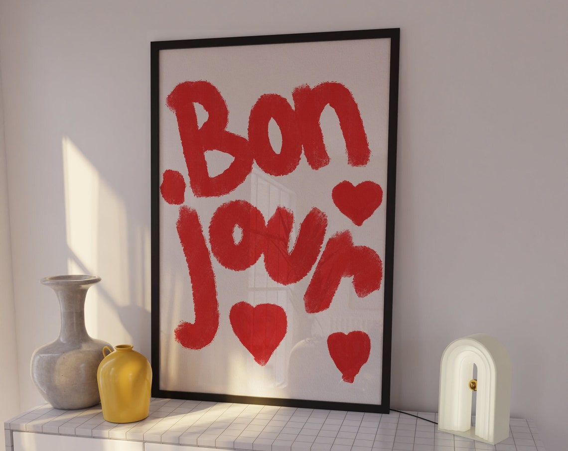 Bon Jour Red Brushstroke Typography French Parisian Decor Poster