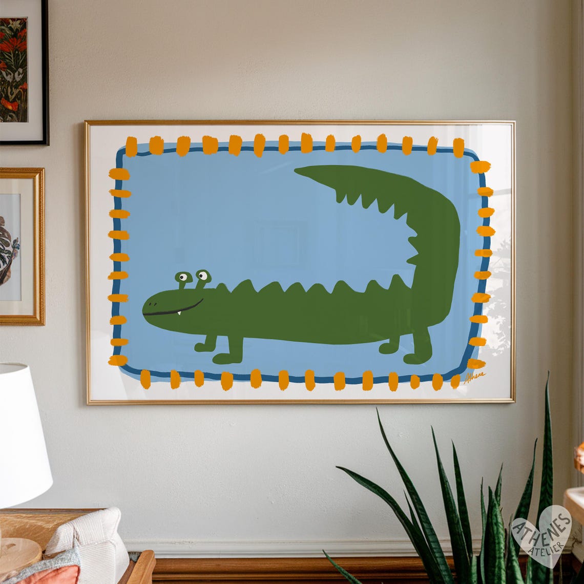 Smiling Green Crocodile Hand Drawn Kids Nursery Blue Wall Poster