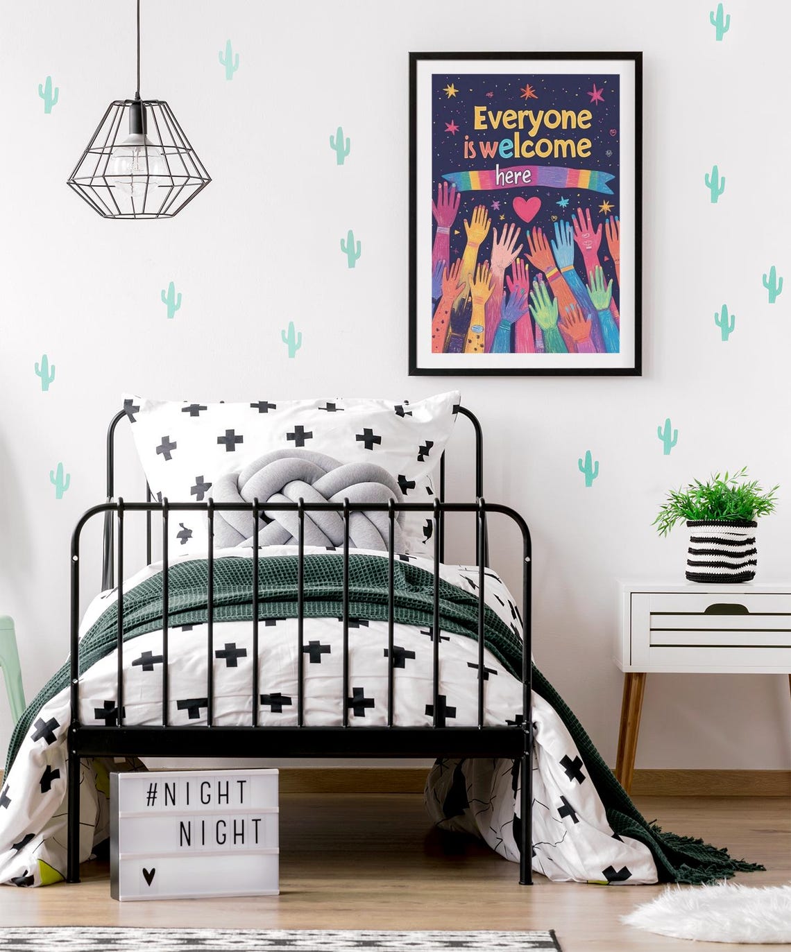 Everyone Is Welcome Here Starry Night Colorful Raised Hands Poster - Image 4