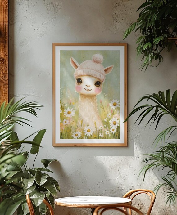 Cute Llama In Pink Knit Hat Among Daisies Nursery Decor Poster