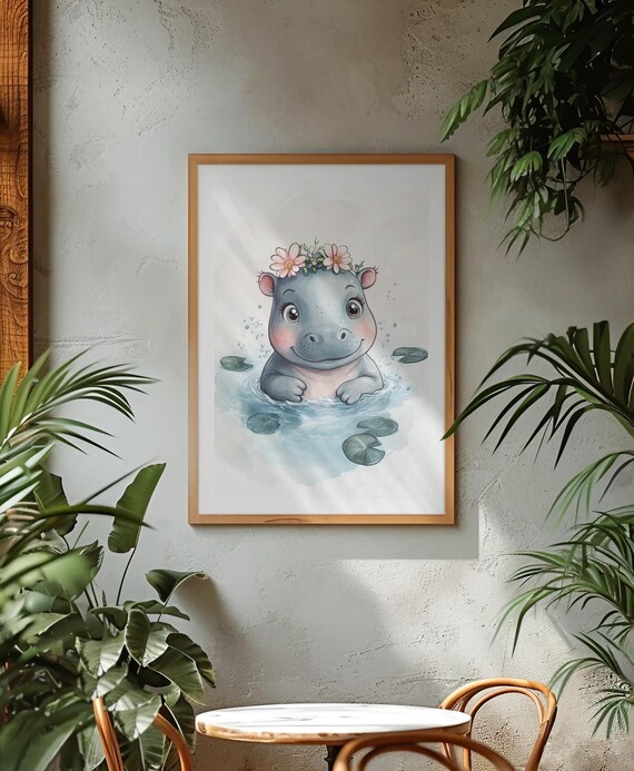 Adorable Baby Hippo Flower Crown Watercolor Nursery Art Poster