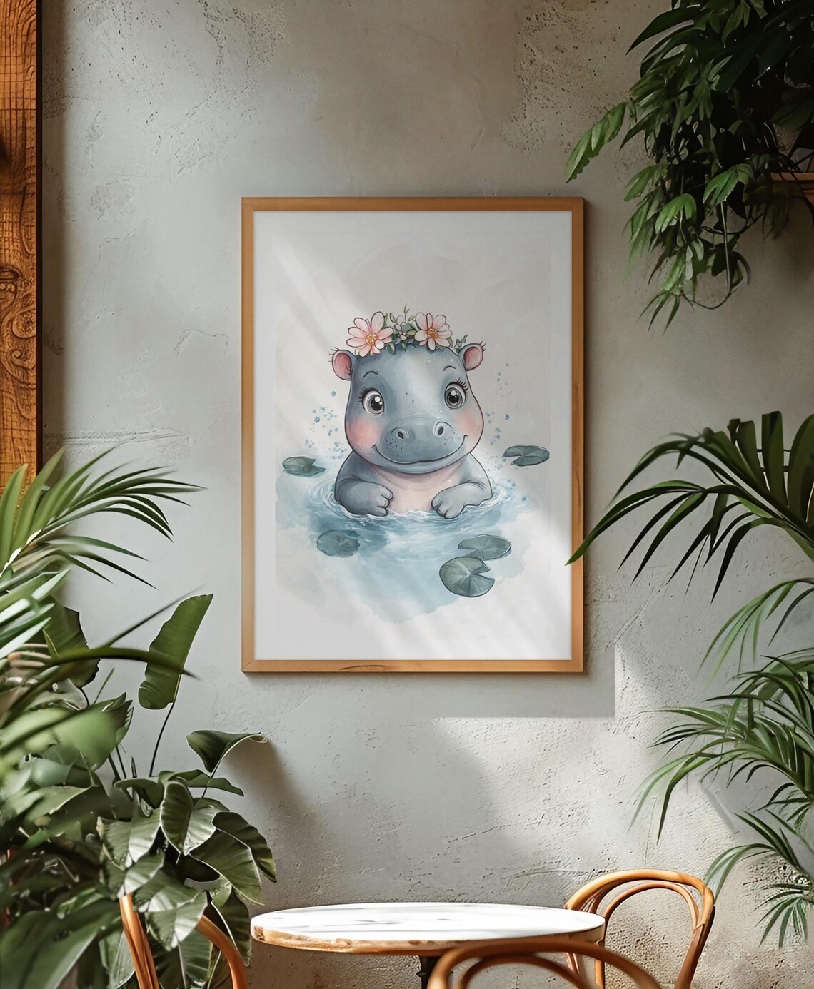 Adorable Baby Hippo Flower Crown Watercolor Nursery Art Poster