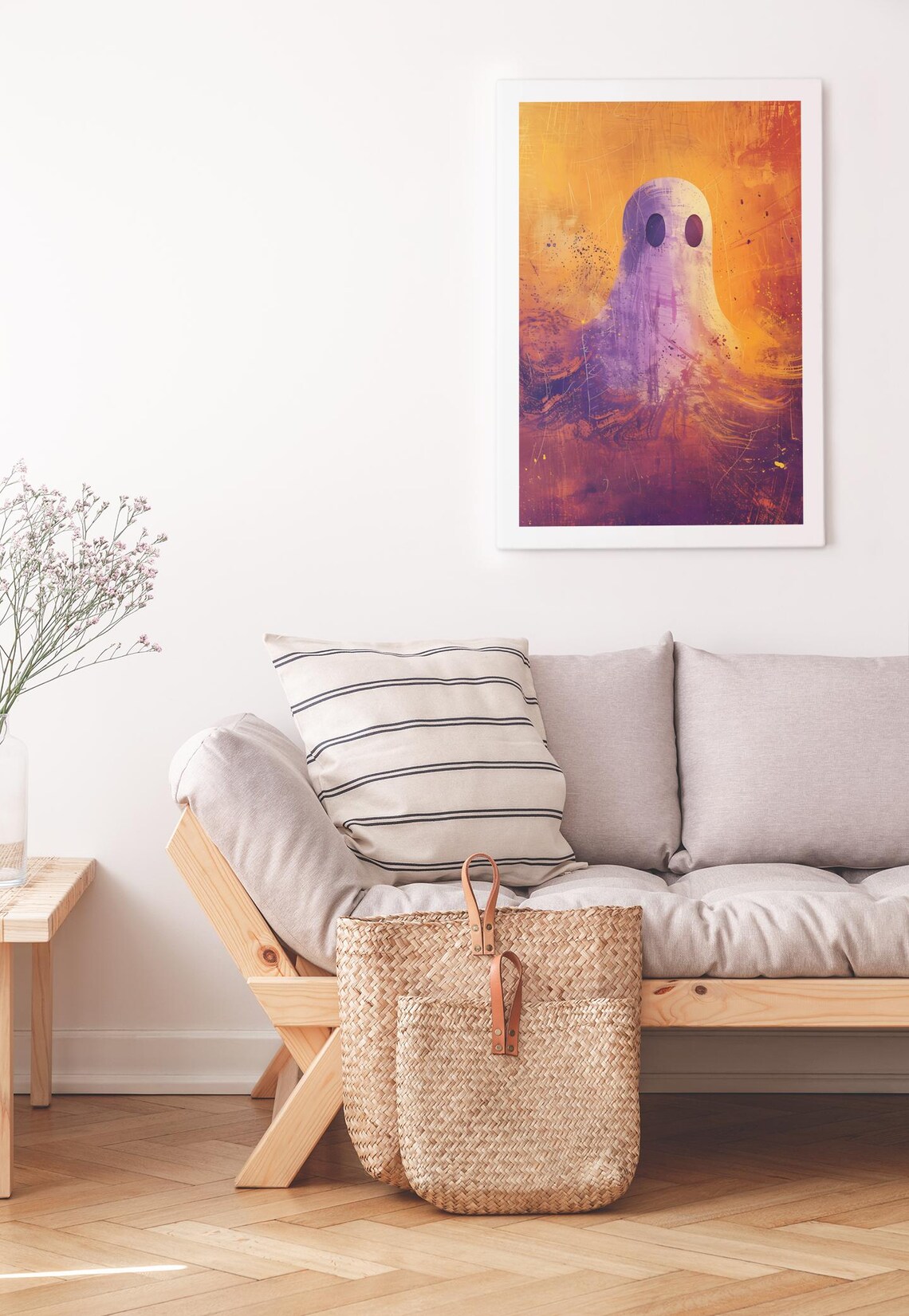 Cute Ghost On Orange Purple Gradient Whimsical Halloween Art Poster - Image 3