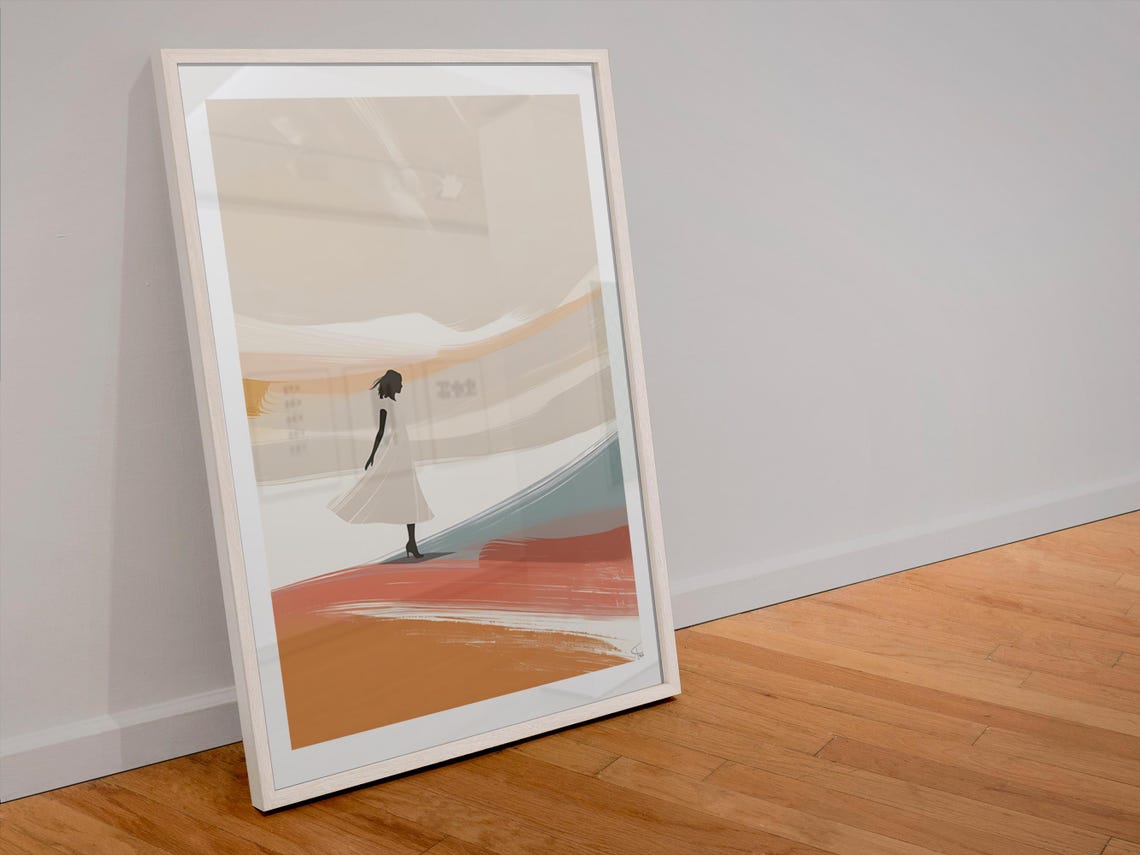 Abstract Silhouette Woman In White Dress Desert Modern Art Poster