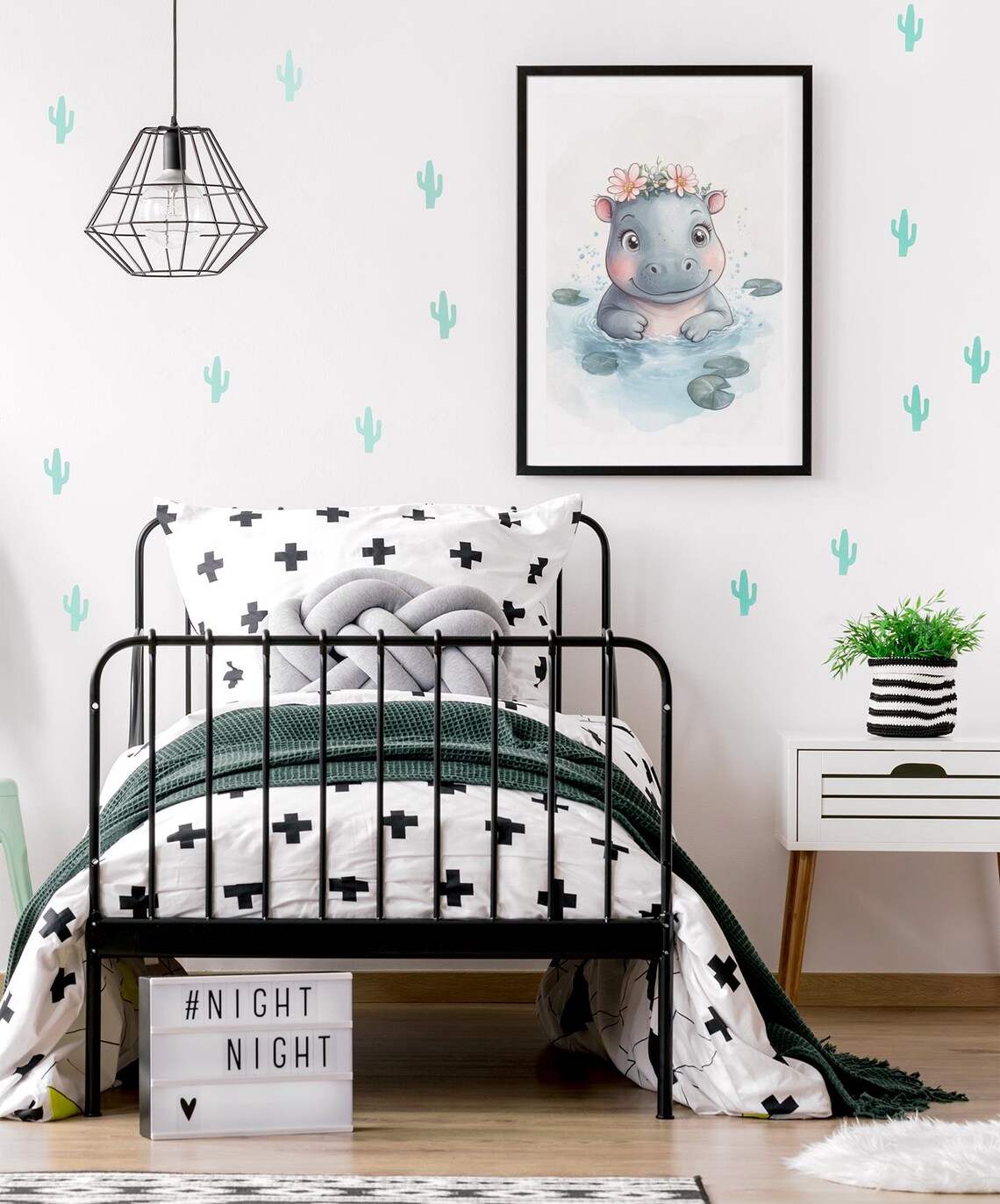 Adorable Baby Hippo Flower Crown Watercolor Nursery Art Poster - Image 2