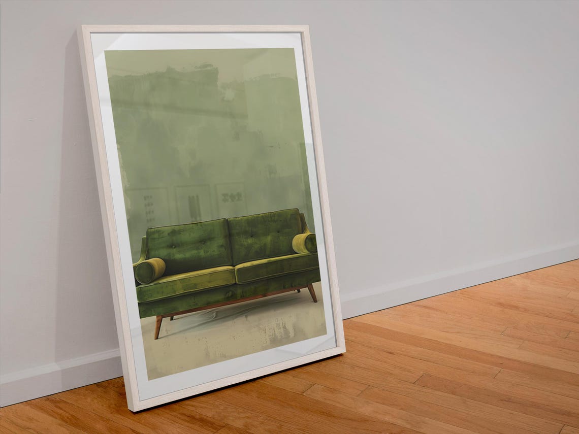 Mid Century Green Velvet Sofa Minimalist Modern Home Decor Poster