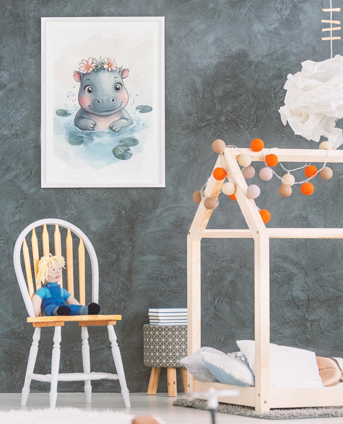 Adorable Baby Hippo Flower Crown Watercolor Nursery Art Poster - Image 3