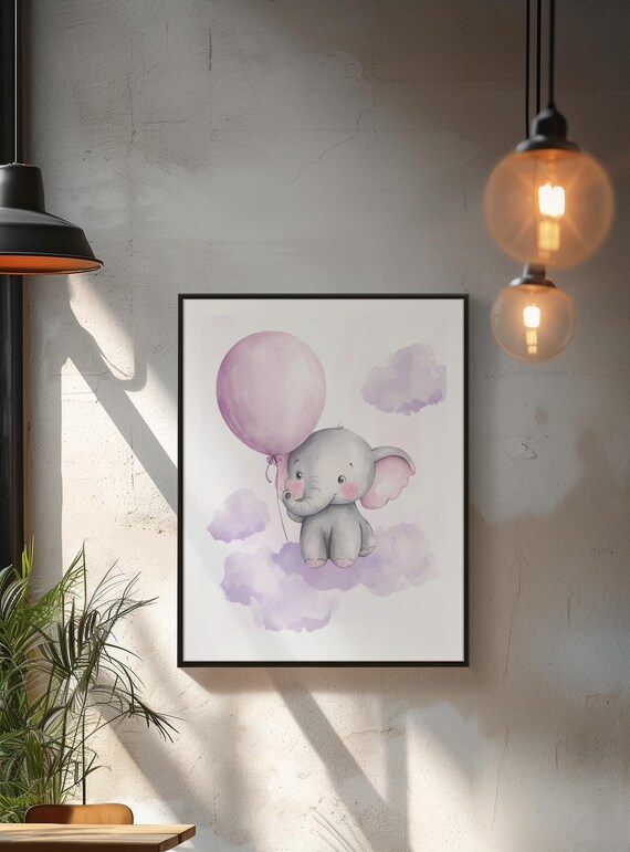 Baby Elephant Holding Pink Balloon Watercolor Nursery Wall Art