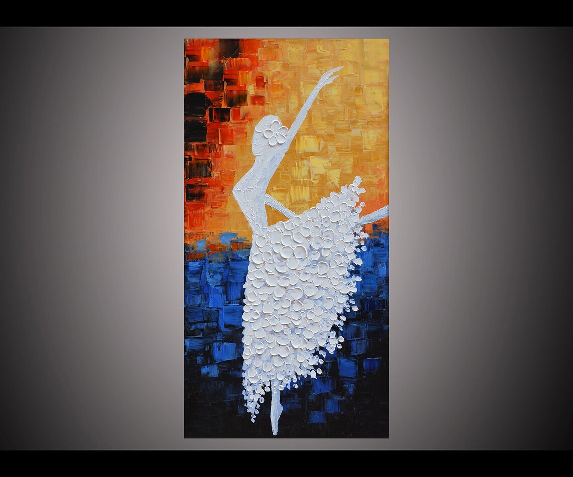Abstract White Ballerina Dancer On Fiery Blue Gold Oil Poster