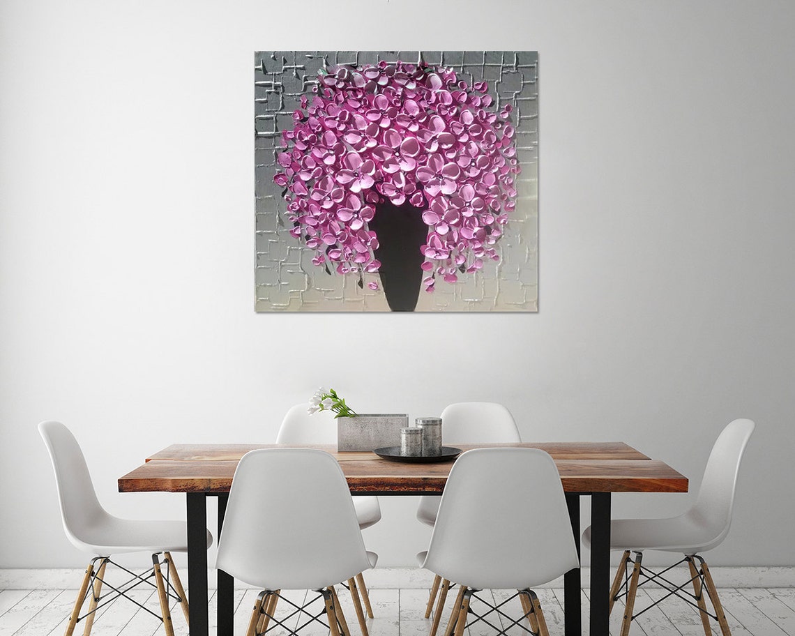 Pink Flower Bouquet In Black Vase On Textured Grey Oil Poster