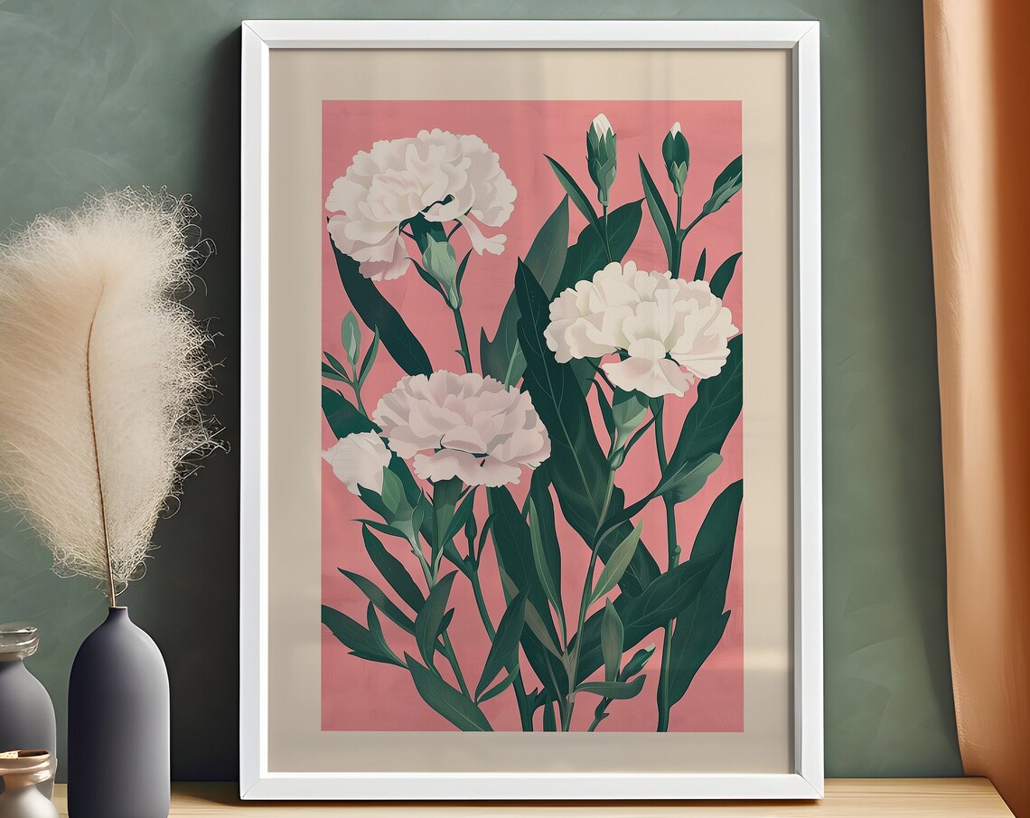 January Carnation Birth Flower Art Print, Botanical