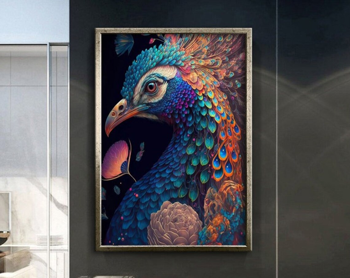 Vibrant Peacock Head Portrait Colorful Feathers Bird Art Poster
