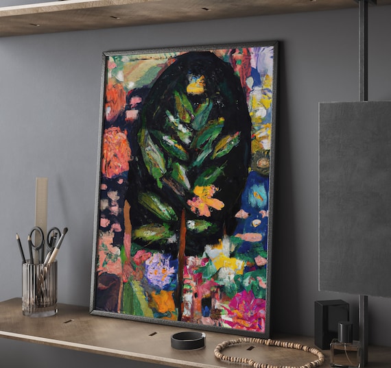 Bold Eclectic Floral Abstract Oil Painting with Dark Foliage Poster
